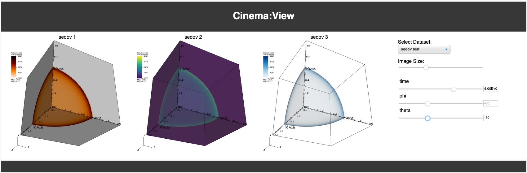 Three different versions of the Sedov blast wave viewed in Cinema:View.