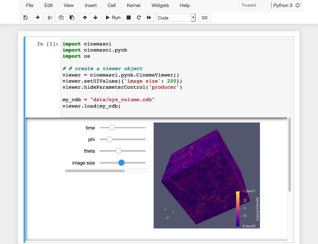 First cell in jupyter notebook showing volume database of Nyx simulation